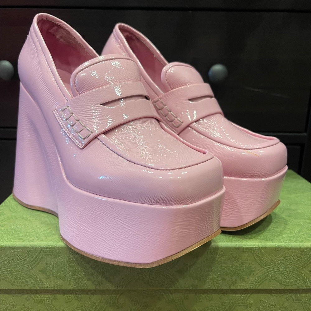 Jeffrey Campbell Block Platform Wedge Penny Loafer in pink patent leather